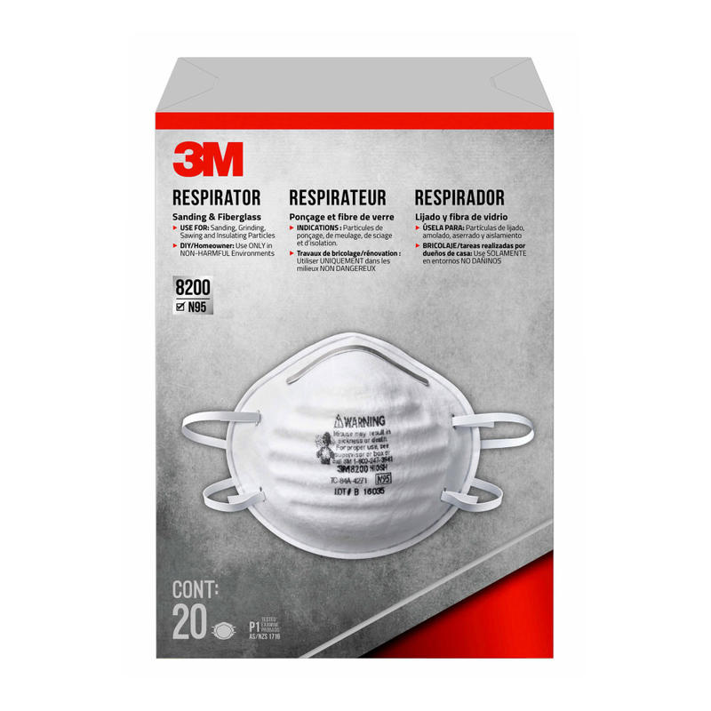 3M 8200 N95 Sanding and Fiberglass Respirator, White, 8200H20-DC, Pack of 20 (Min Order Qty 4) MPN:8200H20-DC