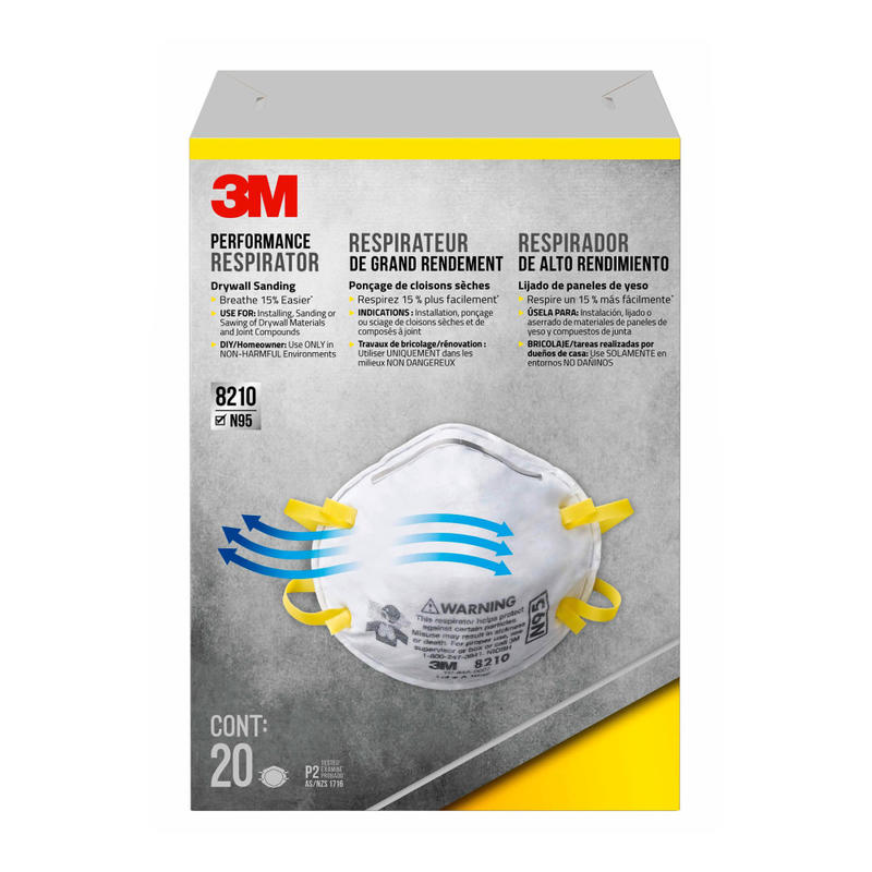 3M Performance N95 Drywall Sanding Respirators, White, Pack Of 20 Respirators, 8210D20-DC (Min Order Qty 3) MPN:8210D20-DC