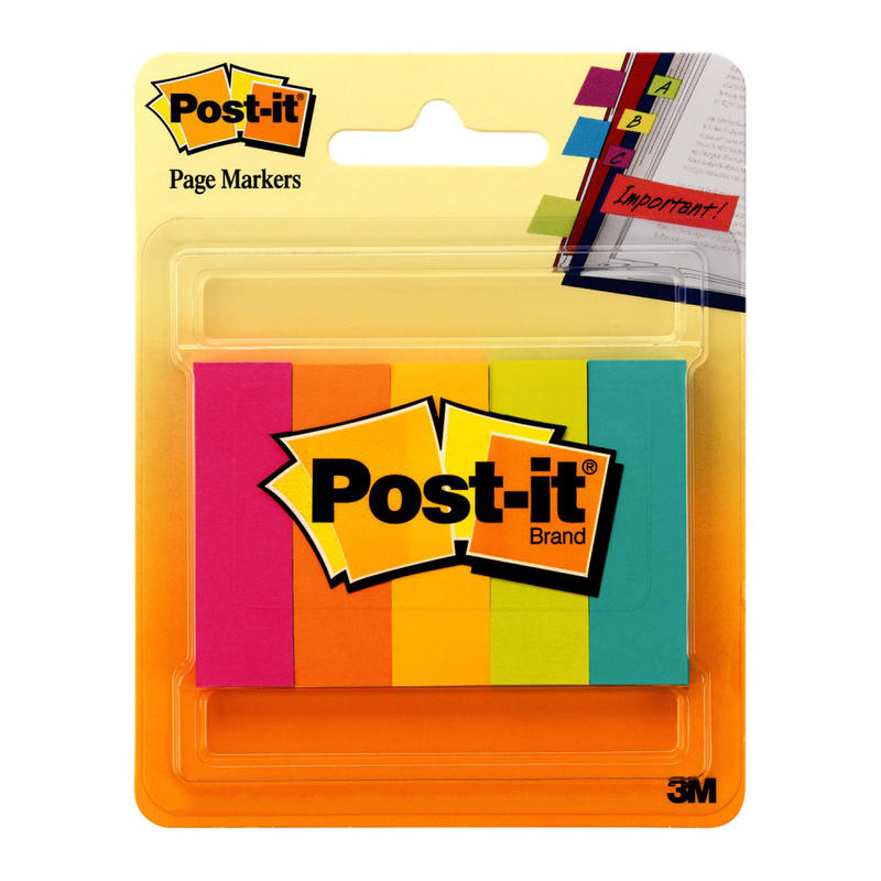 Post-it Notes Page Markers, 1/2in x 2in, Electric Glow Colors, 100 Per Pad, Pack Of 5 Pads (Min Order Qty 10) MPN:670-5AN