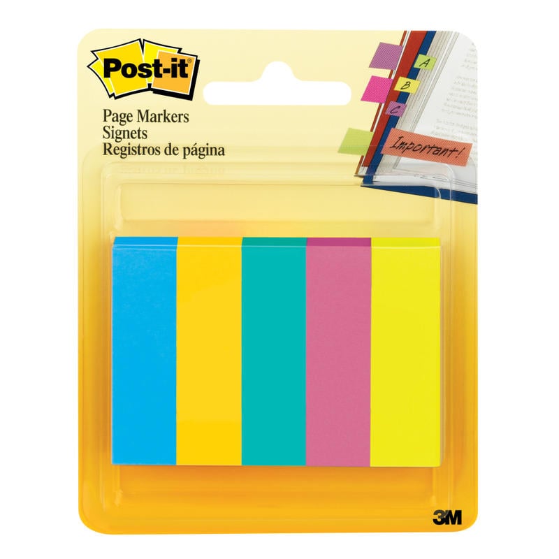 Post-it Notes Page Markers, 1/2in x 2in, Jewel Pop Colors, 100 Per Pad, Pack Of 5 Pads (Min Order Qty 12) MPN:670-5AU