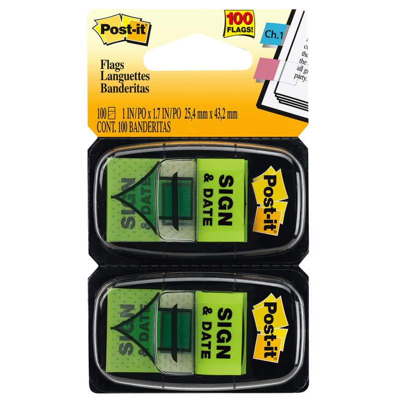 Post-it Notes Sign & Date Printed Flags, 1in x 1-7/10in, Green, 50 Flags Per Pad, Pack Of 2 Pads (Min Order Qty 10) MPN:680-SD2