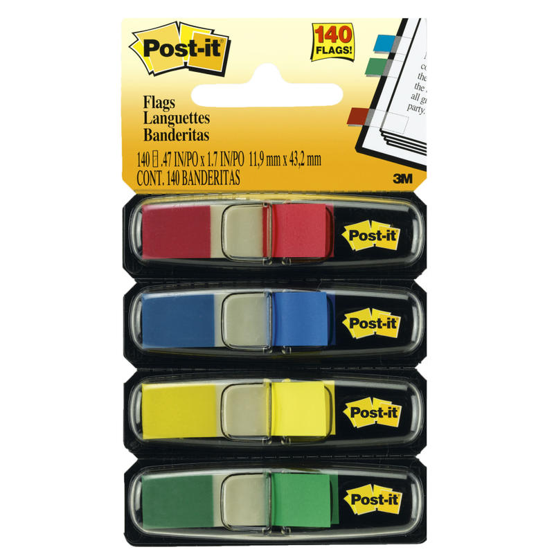 Post-it Flags .47 in. x 1.7 in., 4 Dispensers, 35 Flags/Dispenser, Assorted Colors, Back to School Supplies for Students, Flags for Textbooks and Notebooks (Min Order Qty 12) MPN:683-4