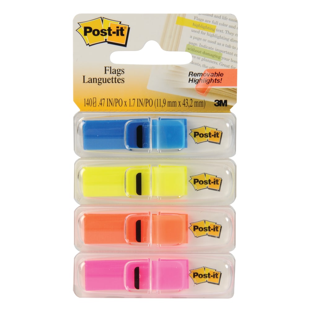 Post-it Notes Flags, 1/2in x 1-7/10in, Assorted Bright Colors, 35 Flags Per Pad, Pack Of 4 Pads (Min Order Qty 10) MPN:683-4ABX