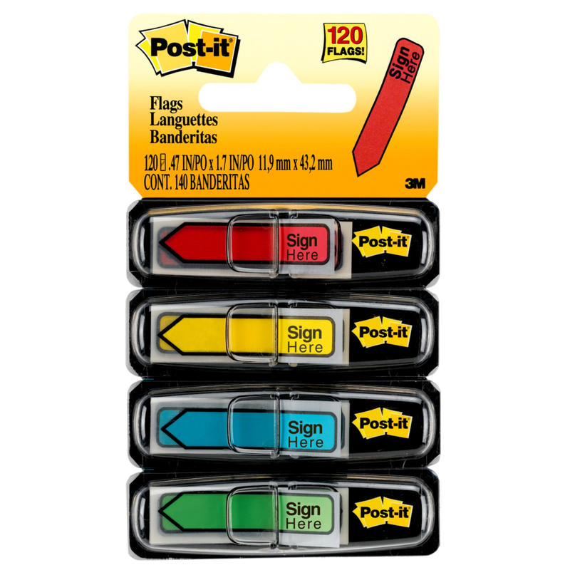 Post-it Flags, .47 in. x 1.7 in., 4 Dispensers, 30 Flags/Dispenser, Assorted Colors, Printed 