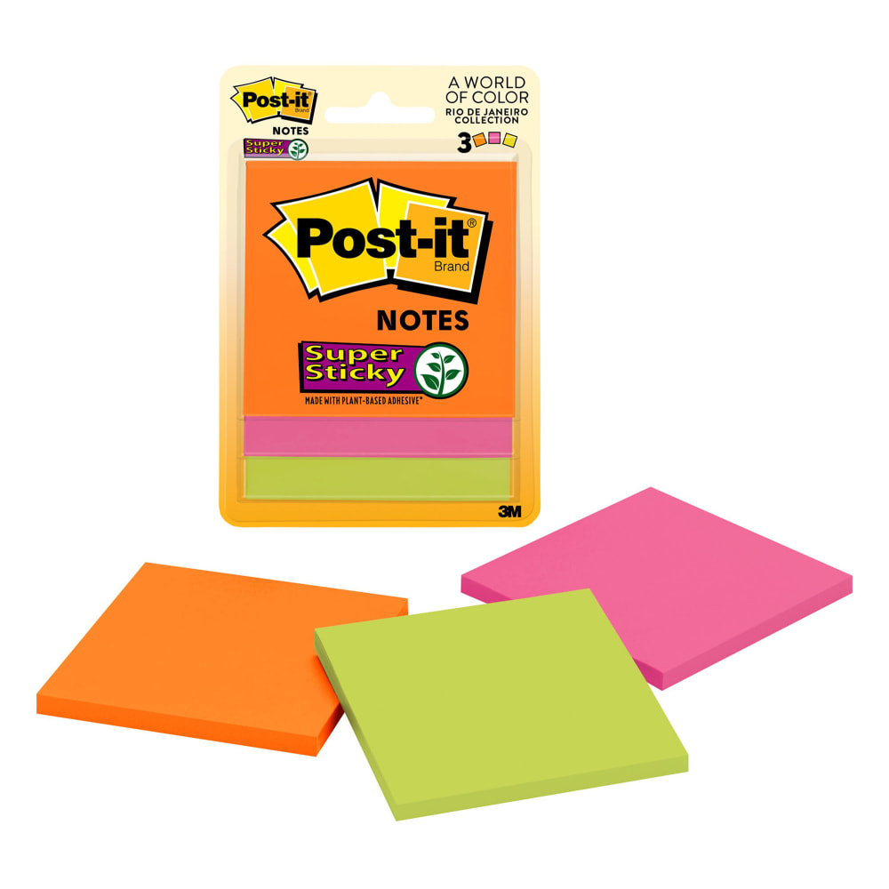 Post-it Super Sticky Notes, 3 in x 3 in, 3 Pads, 45 Sheets/Pad, 2x the Sticking Power, Energy Boost Collection (Min Order Qty 22) MPN:3321-SSAU