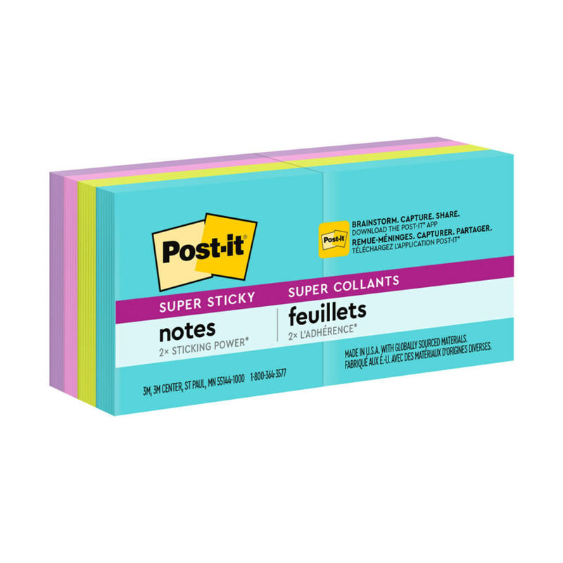 Post-it Super Sticky Notes, 1 7/8 in x 1 7/8 in, 8 Pads, 90 Sheets/Pad, 2x the Sticking Power, Supernova Neons Collection (Min Order Qty 10) MPN:622-8SSMIA