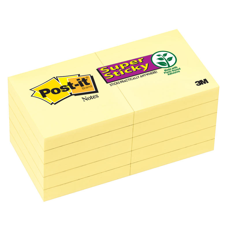 Post-it Super Sticky Notes, 1 7/8 in x 1 7/8 in, 10 Pads, 90 Sheets/Pad, 2x the Sticking Power, Canary Yellow (Min Order Qty 8) MPN:62210SSCY