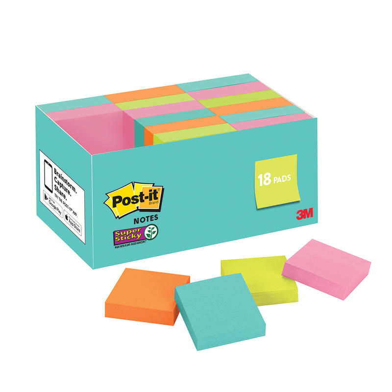 Post-it Super Sticky Notes, 1-7/8 in x 1-7/8 in, 18 Pads, 90 Sheets/Pad, 2x the Sticking Power, Supernova Neons Collection (Min Order Qty 4) MPN:62218SSMIACP