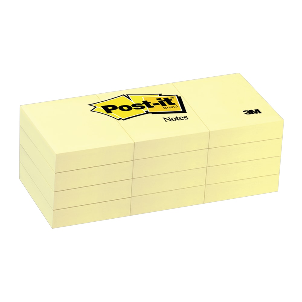 Post-it Notes, 1 3/8 in x 1 7/8 in, 12 Pads, 100 Sheets/Pad, Clean Removal, Canary Yellow (Min Order Qty 9) MPN:653