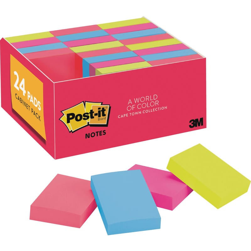 Post-it Cape Town Color Collection Value Pack, 1 1/2in x 2in, 100 Sheets Per Pad, Assorted Colors, 100 Sheets Per Pad, Pack Of 24 Pads (Min Order Qty 4) MPN:65324ANVAD