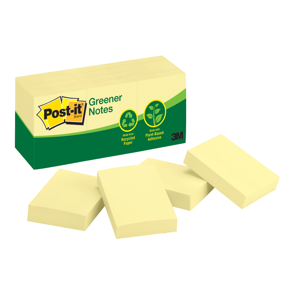 Post-it Greener Notes, 1 3/8 in x 1 7/8 in, 12 Pads, 100 Sheets/Pad, Canary Yellow (Min Order Qty 9) MPN:653RP