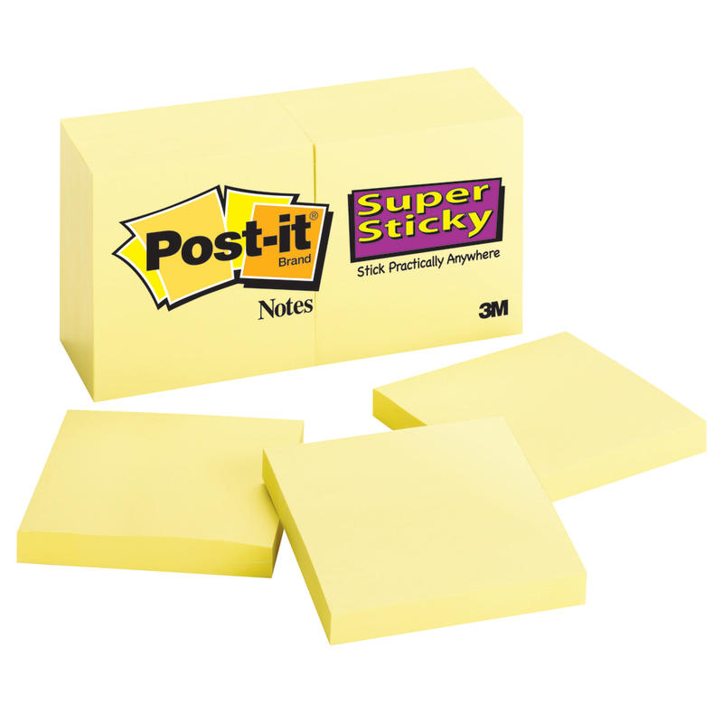 Post-it Super Sticky Notes, 3 in x 3 in, 10 Pads, 90 Sheets/Pad, 2x the Sticking Power, Canary Yellow (Min Order Qty 5) MPN:654-10SSCY