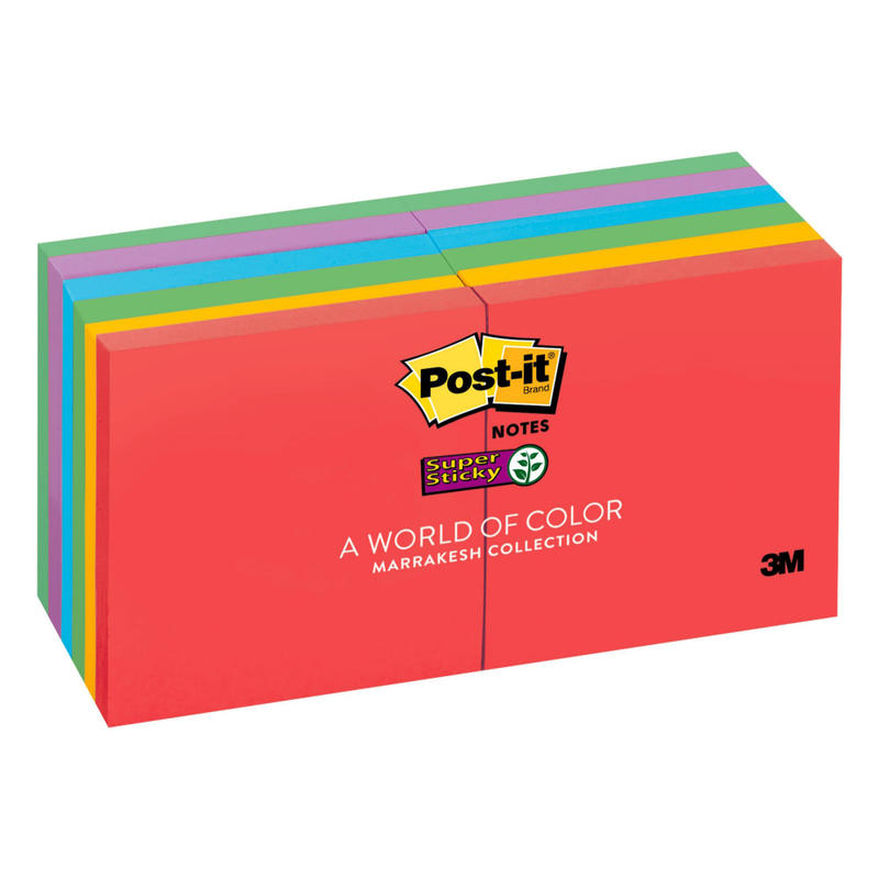 Post-it Super Sticky Notes, 3 in x 3 in, 12 Pads, 90 Sheets/Pad, 2x the Sticking Power, Playful Primaries Collection (Min Order Qty 3) MPN:654-12SSAN