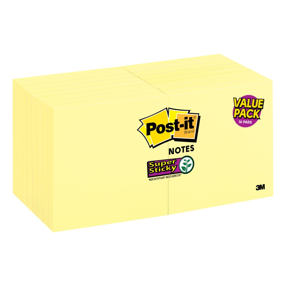 Post-it Super Sticky Notes, 3 in x 3 in, 16 Pads, 90 Sheets/Pad, 2x the Sticking Power, Back to School Supplies for Students, Sticky Notes for Textbooks and Notebooks, Canary Yellow (Min Order Qty 4) MPN:654-12SSCY+4