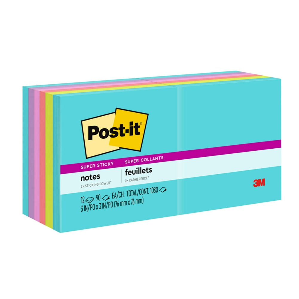 Post-it Super Sticky Notes, 3 in x 3 in, 12 Pads, 90 Sheets/Pad, 2x the Sticking Power, Supernova Neons Collection (Min Order Qty 4) MPN:654-12SSMIA