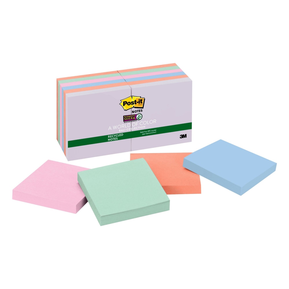 Post-it Recycled Super Sticky Notes, 3 in x 3 in, 12 Pads, 90 Sheets/Pad, 2x the Sticking Power, Wanderlust Pastels Collection, 30% Recycled (Min Order Qty 4) MPN:654-12SSNRP