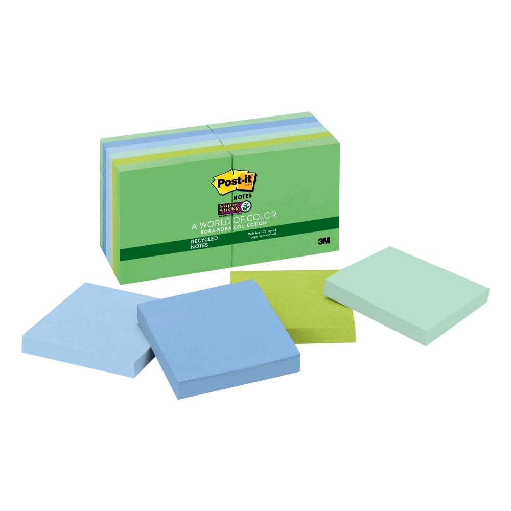 Post-it Recycled Super Sticky Notes, 3 in. x 3 in., 12 Pads, 90 Sheets/Pad, 2x the Sticking Power, Oasis Collection, Recycled (Min Order Qty 3) MPN:654-12SST