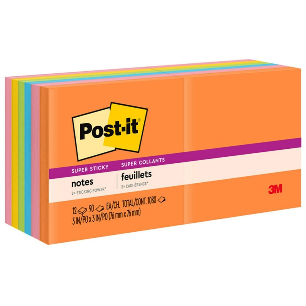 Post-it Super Sticky Notes, 3 in x 3 in, 12 Pads, 90 Sheets/Pad, 2x the Sticking Power, Back to School Supplies for Students, Sticky Notes for Textbooks and Notebooks, Energy Boost Collection (Min Order Qty 3) MPN:654-12SSUC