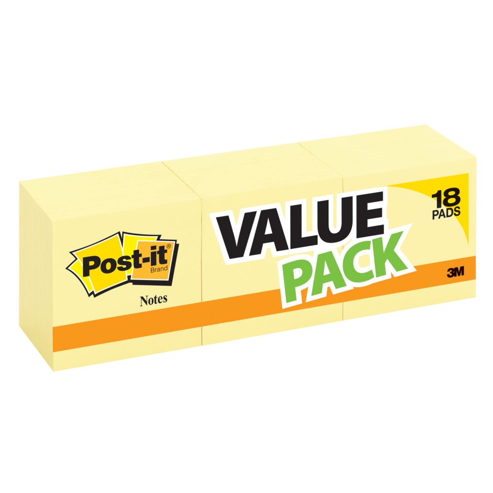 Post-it Notes, 3 in x 3 in, 18 Pads, 100 Sheets/Pad, Back to School Supplies for Students, Sticky Notes for Textbooks and Notebooks, Clean Removal, Canary Yellow (Min Order Qty 4) MPN:654-14+4YW