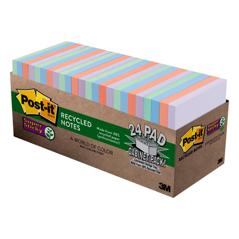 Post-it Recycled Super Sticky Notes, 3 in x 3 in, 24 Pads, 70 Sheets/Pad, 2x the Sticking Power, Wanderlust Pastels Collection, 30% Recycled (Min Order Qty 2) MPN:654-24NHCP