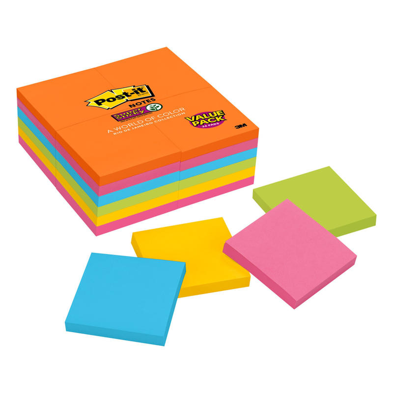 Post-it Super Sticky Notes, 3 in x 3 in, 24 Pads, 90 Sheets/Pad, 2x the Sticking Power, Back to School Supplies for Students, Sticky Notes for Textbooks and Notebooks, Energy Boost Collection (Min Order Qty 2) MPN:654-24SSAU