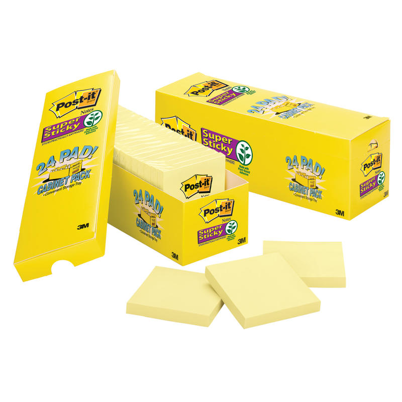 Post-it Super Sticky Notes, 3 in x 3 in, 24 Pads, 90 Sheets/Pad, 2x the Sticking Power, Canary Yellow (Min Order Qty 2) MPN:654-24SSCP