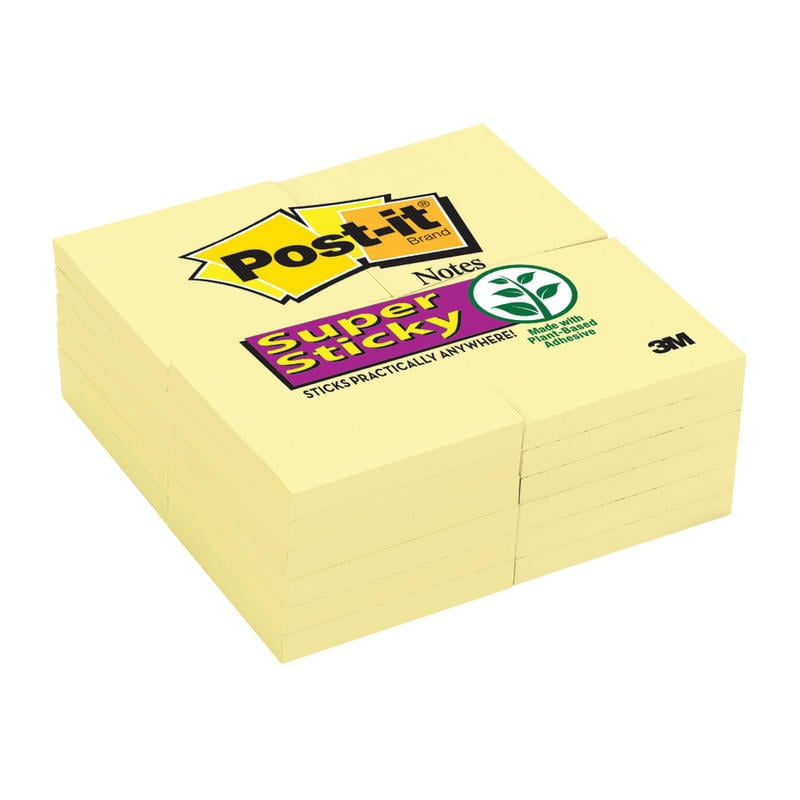 Post-it Super Sticky Notes, 3 in x 3 in, 24 Pads, 90 Sheets/Pad, 2x the Sticking Power, Canary Yellow (Min Order Qty 3) MPN:654-24SSCY