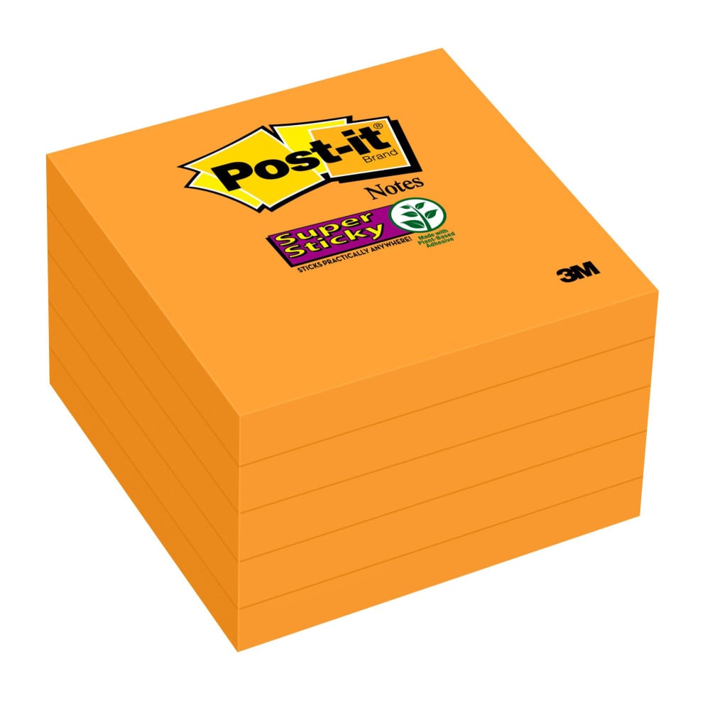 Post-it Super Sticky Notes, 3 in x 3 in, 5 Pads, 90 Sheets/Pad, 2x the Sticking Power, Neon Orange (Min Order Qty 10) MPN:654-5SSNO