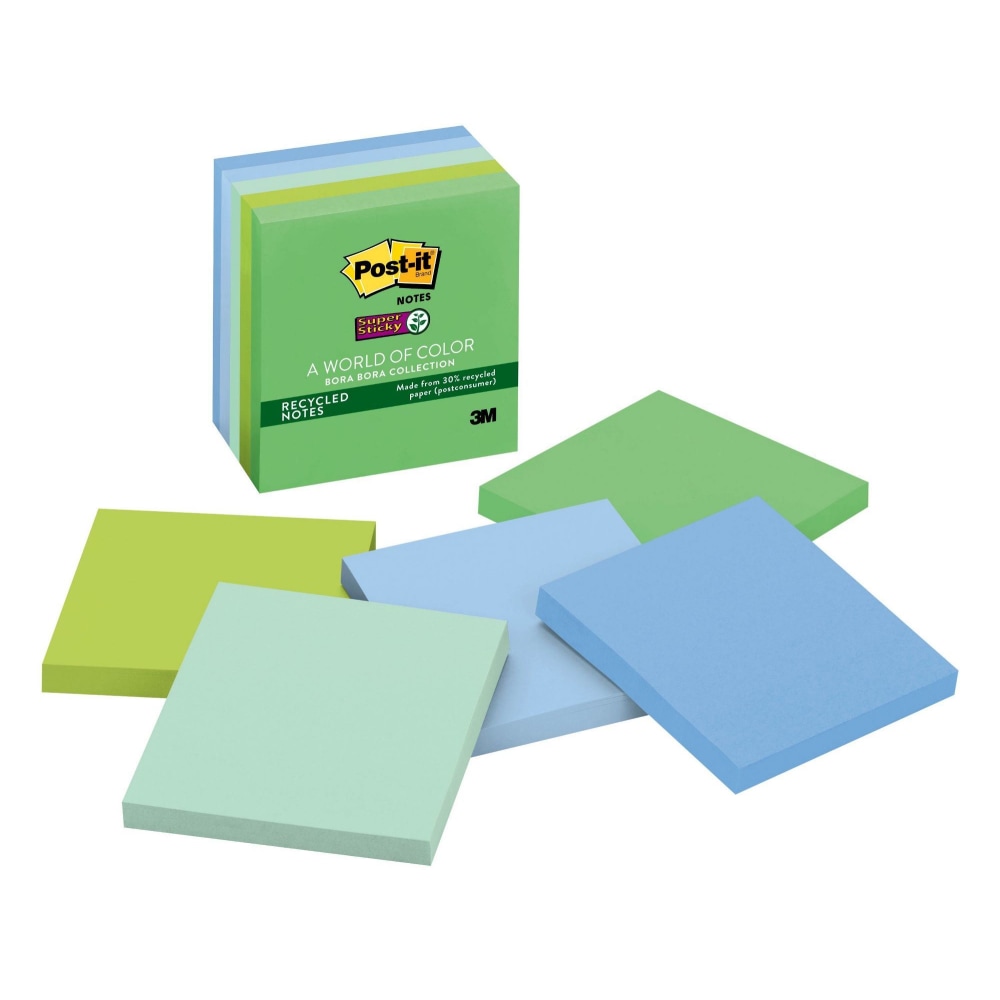 Post-it Recycled Super Sticky Notes, 3 in x 3 in, 5 Pads, 90 Sheets/Pad, 2x the Sticking Power, Oasis Collection, 30% Recycled (Min Order Qty 9) MPN:654-5SST