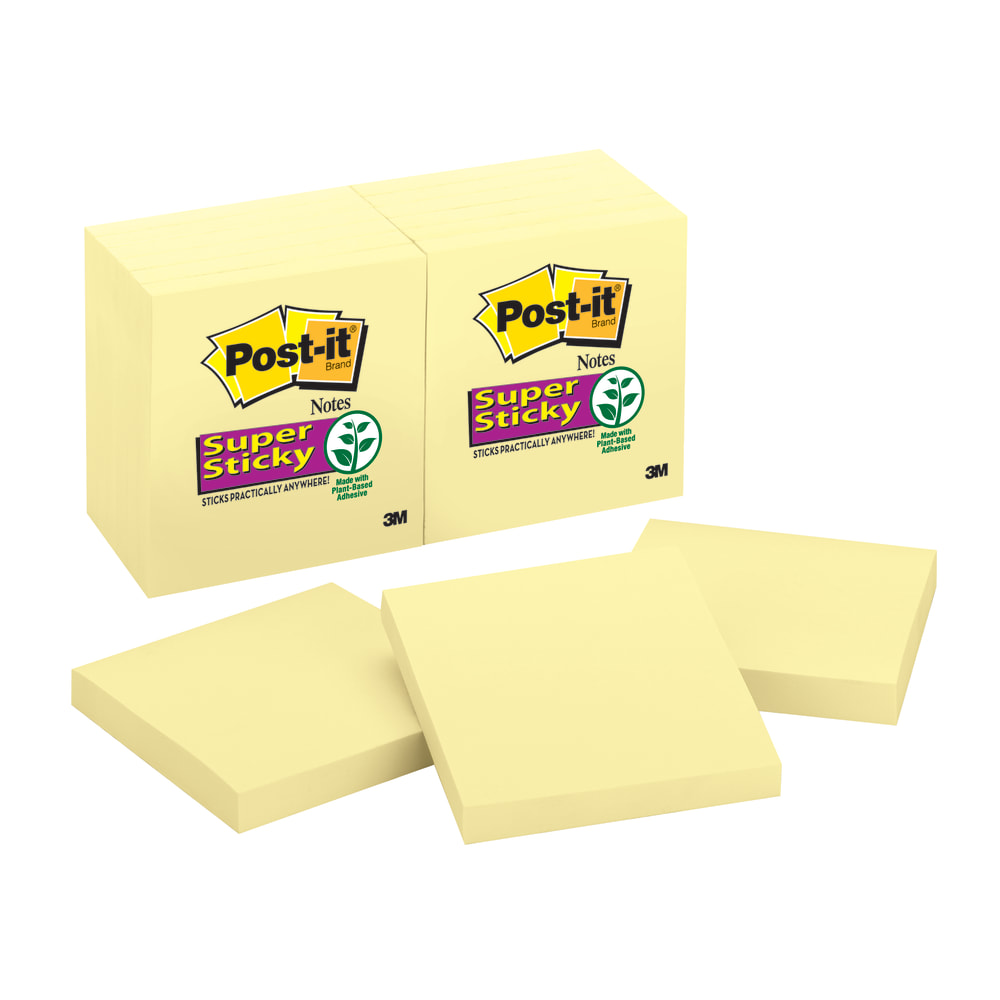 Post-it Super Sticky Notes, 3 in x 3 in, 12 Pads, 90 Sheets/Pad, 2x the Sticking Power, Back to School Supplies for Students, Sticky Notes for Textbooks and Notebooks, Canary Yellow (Min Order Qty 5) MPN:65412SSCY