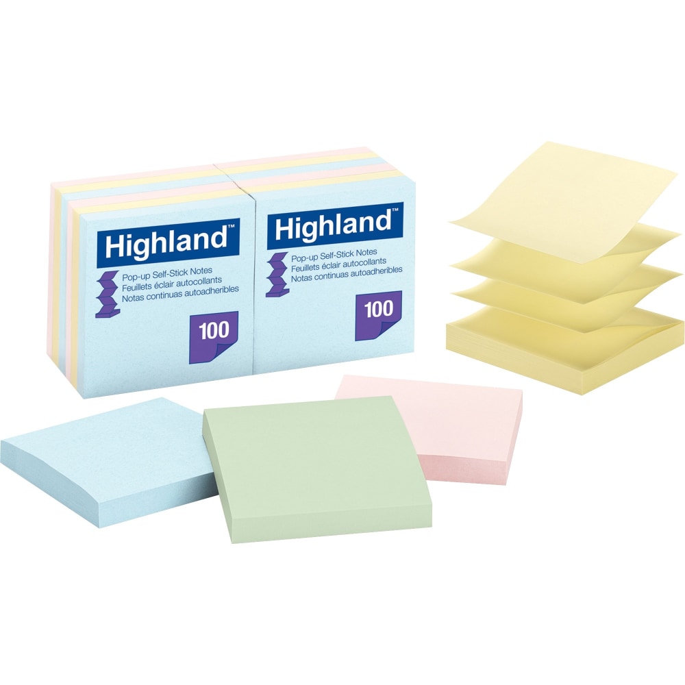 Highland Self-Sticking Pop-up Notes, 3in x 3in, Assorted, Pack of 12 Pads (Min Order Qty 8) MPN:6549PUA