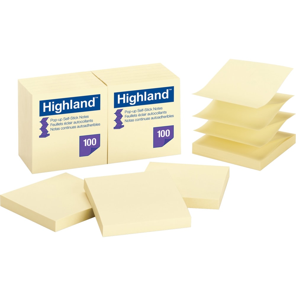 Highland Repositionable Pop-up Notes, 3in x 3in, Yellow, 1 Dozen 100-Sheet Pads (Min Order Qty 8) MPN:6549PUY