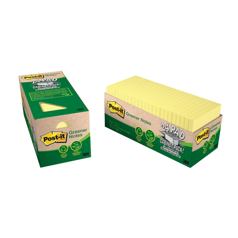 Post-it Greener Notes, 3 in x 3 in, 24 Pads, 75 Sheets/Pad, Clean Removal, Canary Yellow (Min Order Qty 3) MPN:654R-24CP-CY