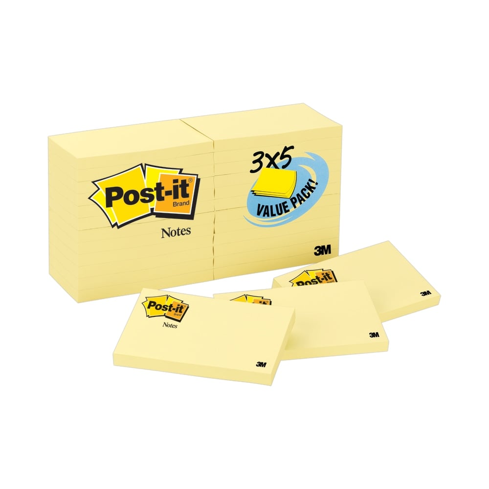 Post-it Notes Value Pack, 3 in x 5 in, 24 Pads, 100 Sheets/Pad, Clean Removal, Canary Yellow (Min Order Qty 2) MPN:655-24VAD