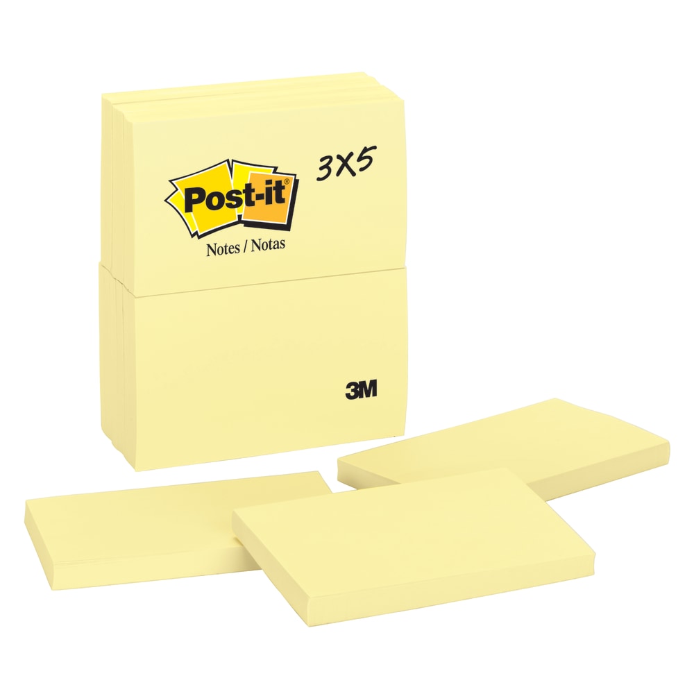 Post-it Notes, 3 in x 5 in, 12 Pads, 100 Sheets/Pad, Clean Removal, Back to School Supplies for Students, Sticky Notes for Textbooks and Notebooks, Canary Yellow (Min Order Qty 3) MPN:655