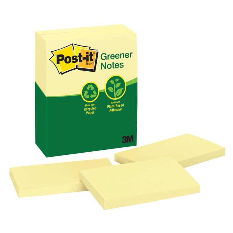 Post-it Greener Notes, 3in x 5in, Canary Yellow, Pack Of 12 Pads (Min Order Qty 3) MPN:655-RP