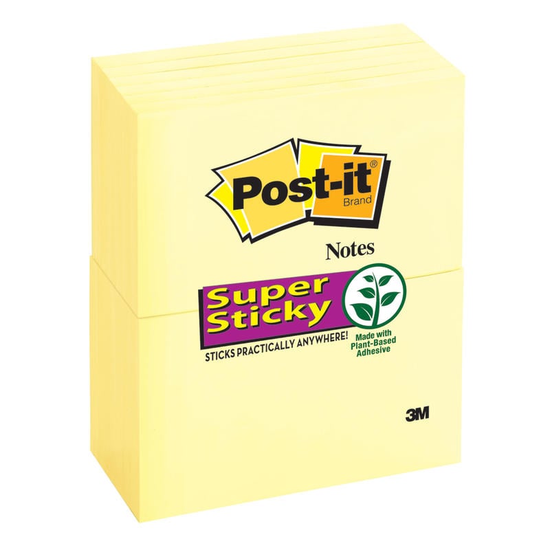 Post-it Super Sticky Notes, 3 in x 5 in, 12 Pads, 90 Sheets/Pad, 2x the Sticking Power, Canary Yellow (Min Order Qty 3) MPN:65512SSCY