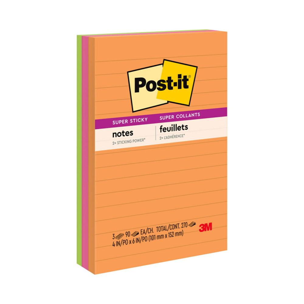 Post-it Super Sticky Notes, 4 in x 6 in, 3 Pads, 90 Sheets/Pad, 2x the Sticking Power, Energy Boost Collection, Lined (Min Order Qty 6) MPN:660-3SSUC