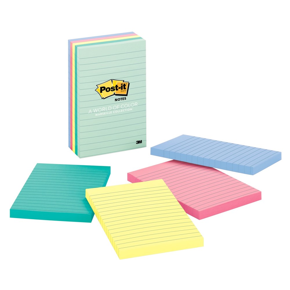 Post-it Notes, 4 in x 6 in, 5 Pads, 100 Sheets/Pad, Lined, Clean Removal, Back to School Supplies for Students, Sticky Notes for Textbooks and Notebooks, Beachside Cafe Collection (Min Order Qty 5) MPN:660-5PK-A