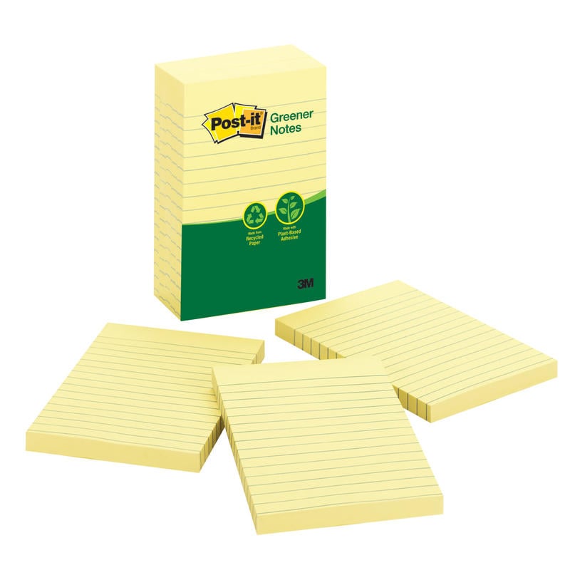 Post-it Greener Notes, 4 in x 6 in, 5 Pads, 100 Sheets/Pad, Clean Removal, Canary Yellow, Lined (Min Order Qty 5) MPN:660-5RP