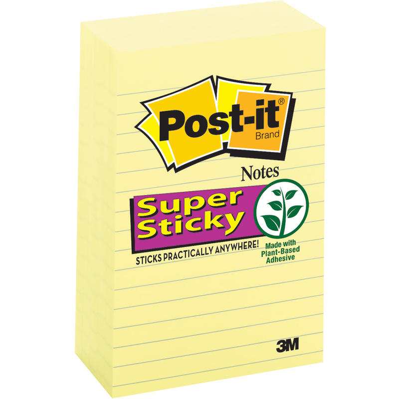 Post-it Super Sticky Notes, 4 in x 6 in, 5 Pads, 90 Sheets/Pad, Lined, 2x the Sticking Power, Back to School Supplies for Students, Sticky Notes for Textbooks and Notebooks, Canary Yellow (Min Order Qty 4) MPN:660-5SSCY