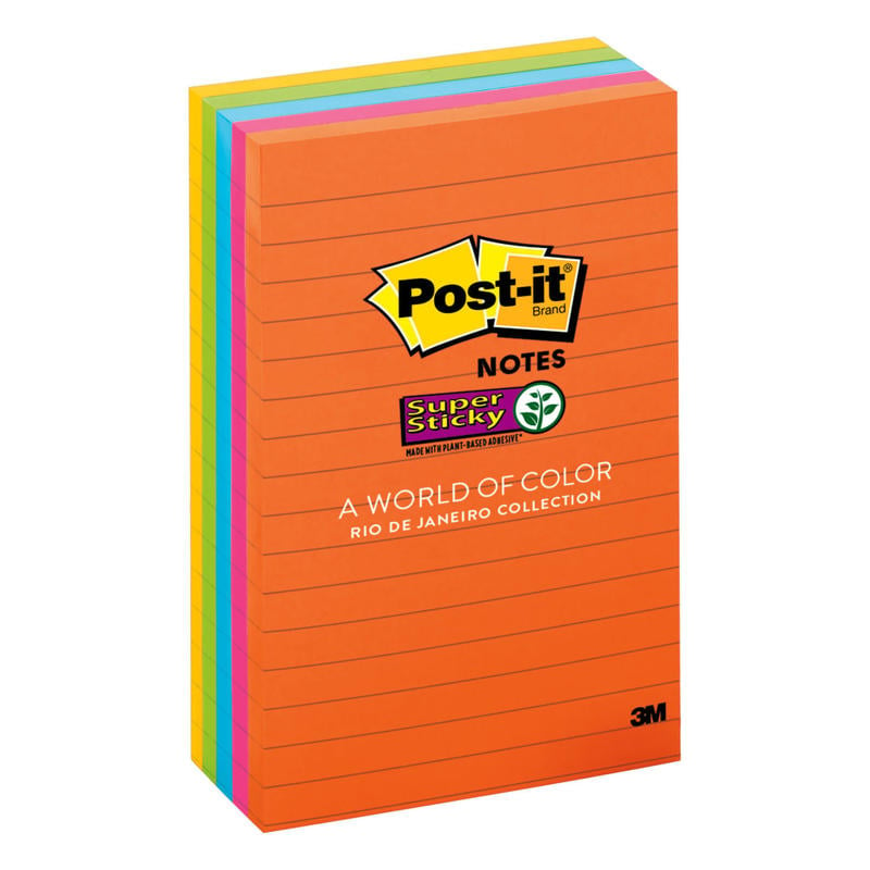 Post-it Super Sticky Notes, 4 in x 6 in, 5 Pads, 90 Sheets/Pad, Lined, 2x the Sticking Power, Back to School Supplies for Students, Sticky Notes for Textbooks and Notebooks, Energy Boost Collection (Min Order Qty 4) MPN:660-5SSUC