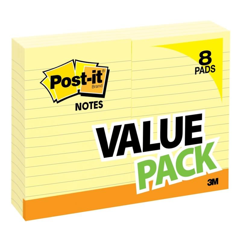 Post-it Notes, 4 in x 6 in, 8 Pads, 100 Sheets/Pad, Lined, Clean Removal, Back to School Supplies for Students, Sticky Notes for Textbooks and Notebooks, Canary Yellow (Min Order Qty 4) MPN:660-8PK