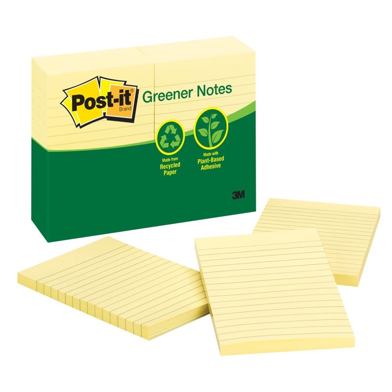 Post-it Greener Notes, 4 in. x 6 in., 12 Pads, 100 Sheets/Pad, Canary Yellow, Lined (Min Order Qty 2) MPN:660-RP