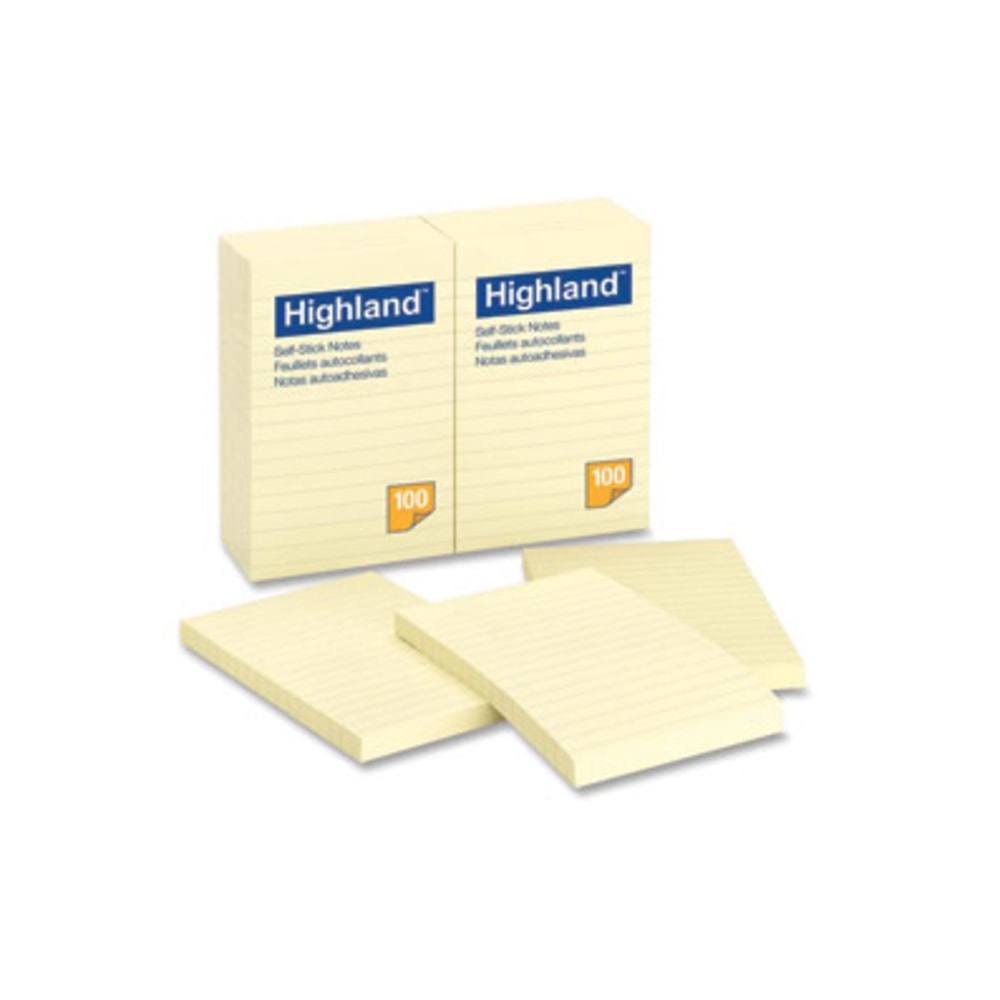 Highland Self-stick Lined Notes - 1200 - 4in x 6in - Rectangle - 100 Sheets per Pad - Ruled - Yellow - Paper - Self-adhesive - 12 Pad (Min Order Qty 3) MPN:6609YW