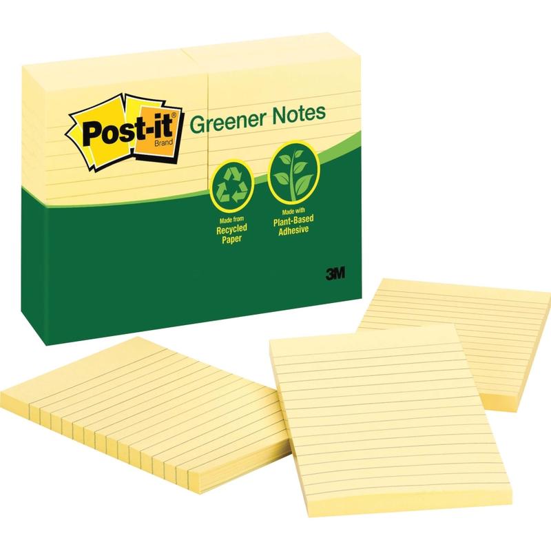 Post-it Greener Notes, 4 in x 6 in, Canary Yellow, Lined - 1200 - 4in x 6in - Rectangle - 100 Sheets per Pad - Ruled - Canary Yellow - Paper - Self-adhesive, Repositionable - 12 / Pack (Min Order Qty 2) MPN:660RPYW