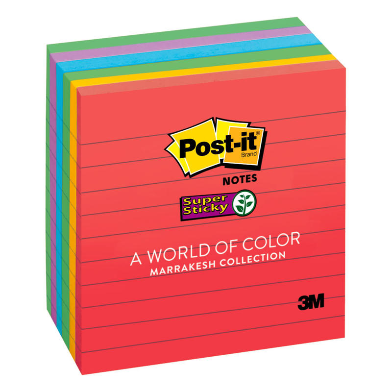 Post-it Super Sticky Notes, 4 in x 4 in, 6 Pads, 90 Sheets/Pad, 2x the Sticking Power, Playful Primaries Colors, Lined (Min Order Qty 4) MPN:675-6SSAN