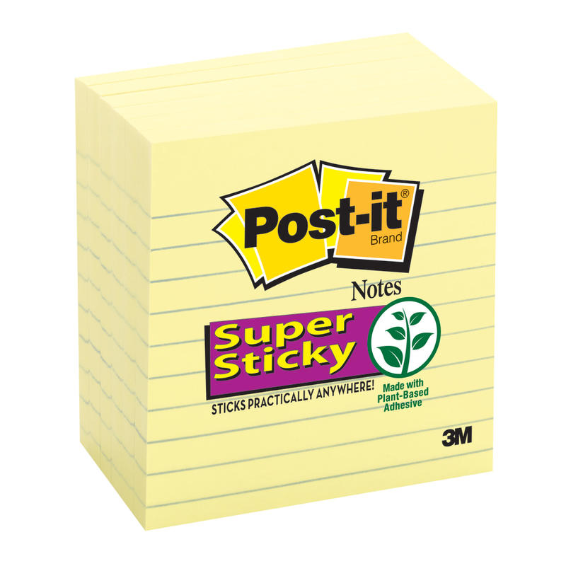 Post-it Super Sticky Notes, 4 in x 4 in, 6 Pads, 90 Sheets/Pad, 2x the Sticking Power, Canary Yellow, Lined (Min Order Qty 5) MPN:675-6SSCY