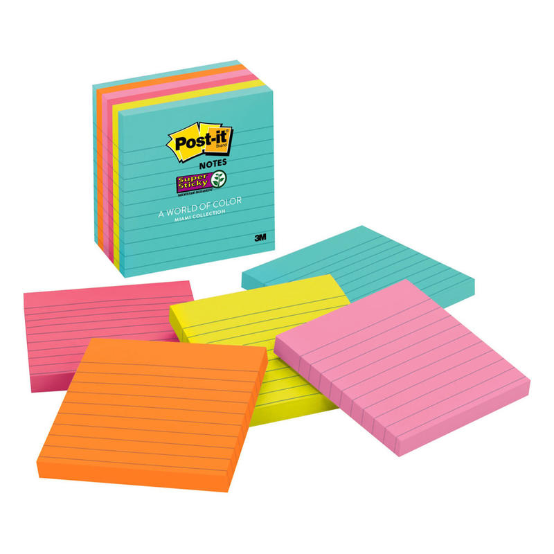 Post-it Super Sticky Notes, 4 in x 4 in, 6 Pads, 90 Sheets/Pad, 2x the Sticking Power, Supernova Neons Collection, Lined (Min Order Qty 5) MPN:675-6SSMIA