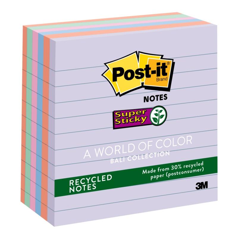 Post-it Recycled Super Sticky Notes, 4 in x 4 in, 6 Pads, 90 Sheets/Pad, 30% Recycled, Lined, 2x the Sticking Power, Back to School Supplies for Students, Sticky Notes for Textbooks and Notebooks, Wanderlust Pastels Collection (Min Order Qty 4) MPN:675-6S